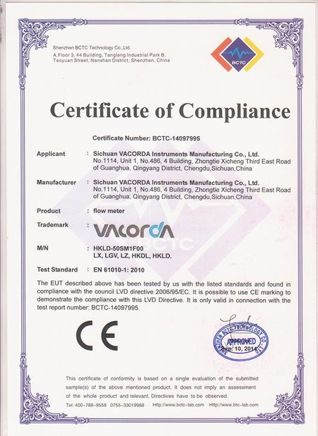 Китай Sichuan Vacorda Instruments Manufacturing Co., Ltd Сертификаты